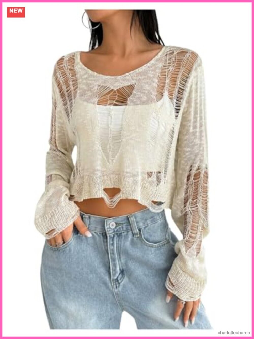 Sheer Ripped Long Sleeve Crop Top Shrug Y2k See Through Sweater